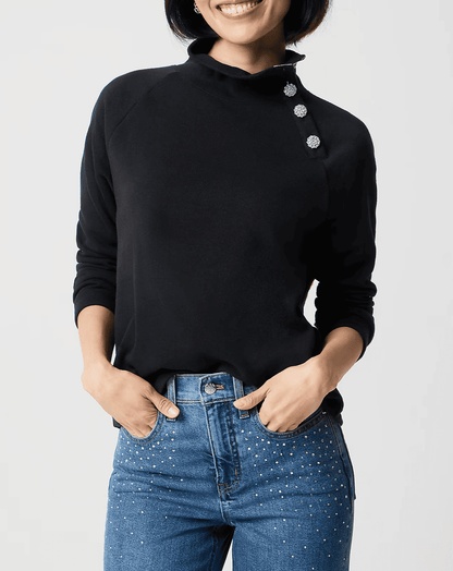 Jewel-button mockneck pullover
