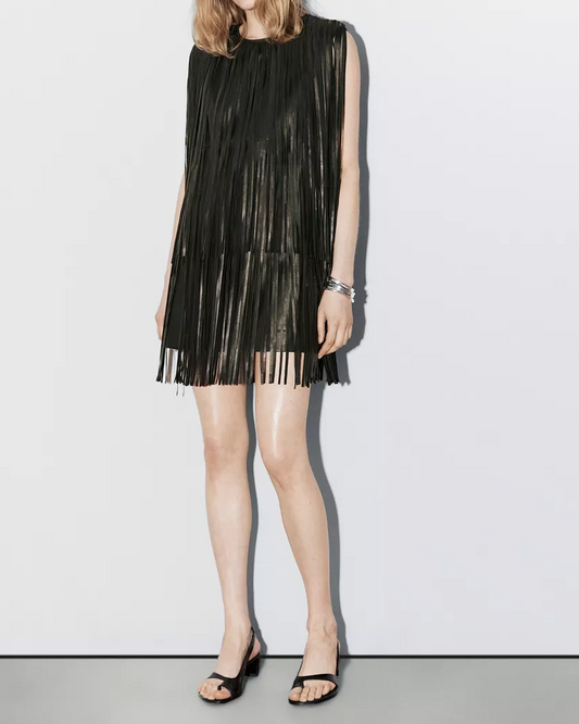 Short nappa leather dress with fringing