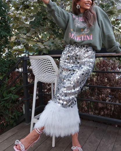 Faux Fur Hem Sequined Midi Skirt