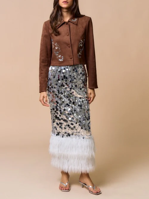 Faux Fur Hem Sequined Midi Skirt