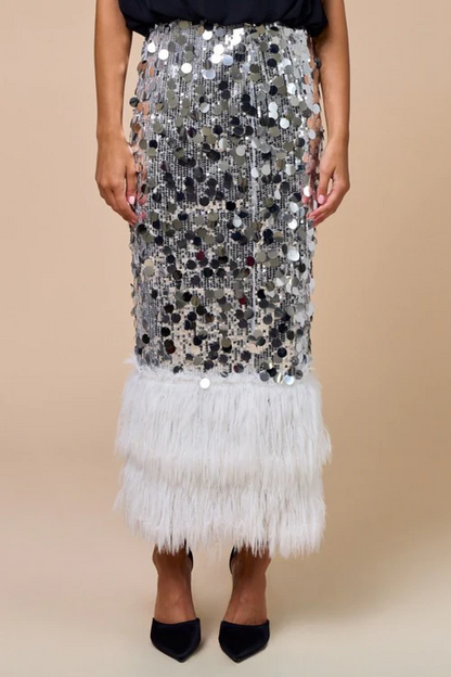 Faux Fur Hem Sequined Midi Skirt