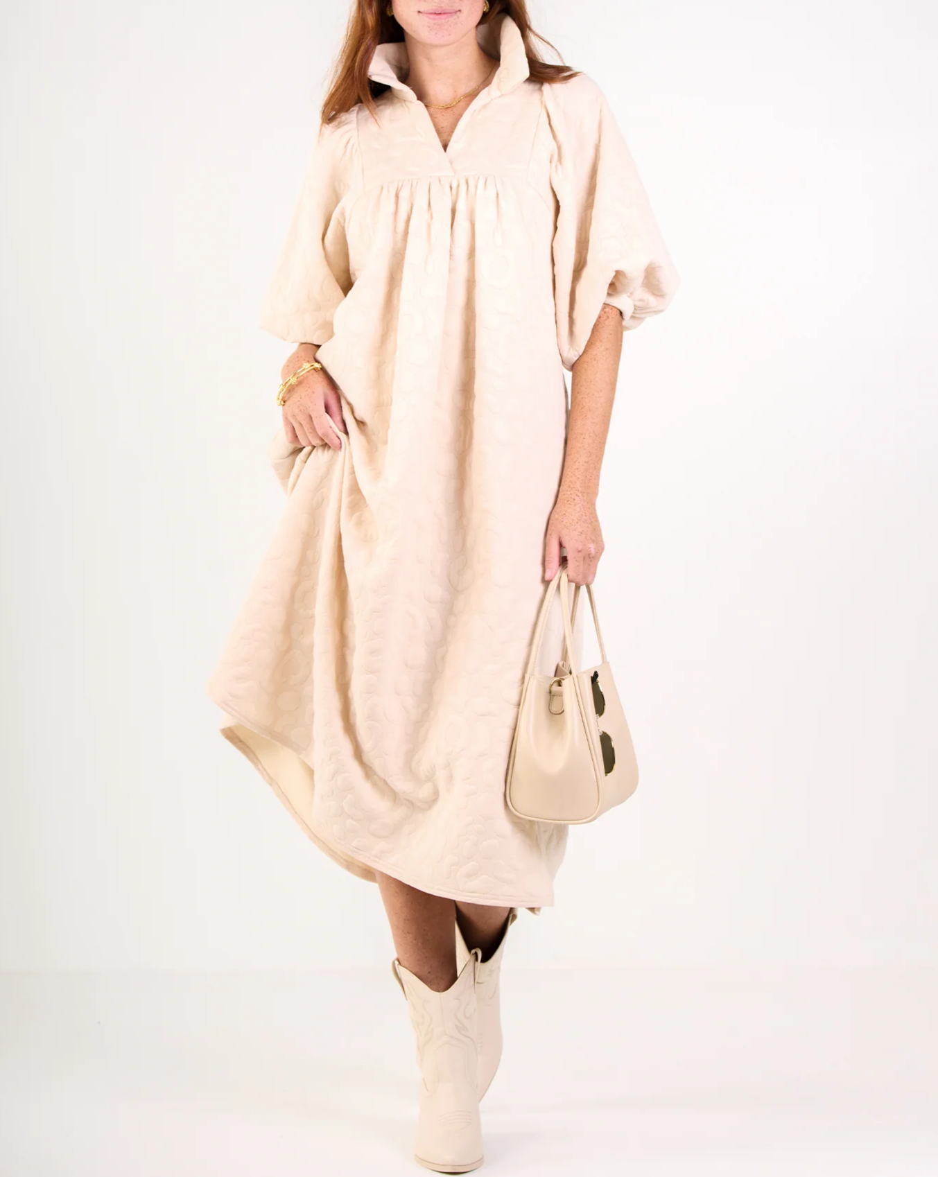 Ruffled Stand Collar Puff Sleeve Dress