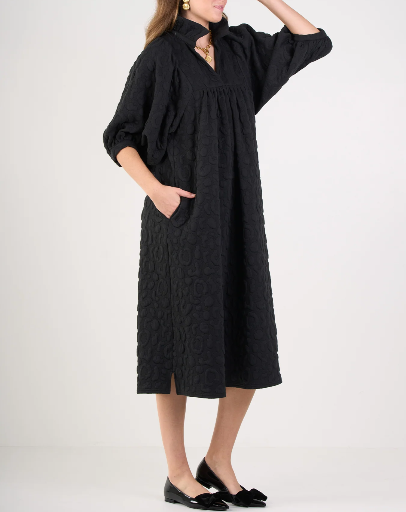 Ruffled Stand Collar Puff Sleeve Dress