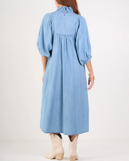 Ruffled Stand Collar Puff Sleeve Dress