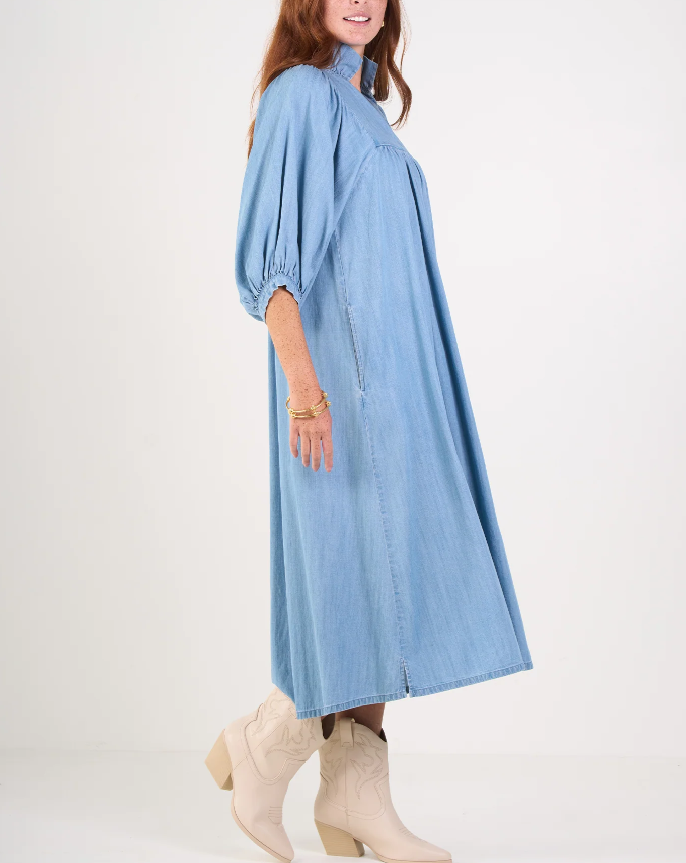 Ruffled Stand Collar Puff Sleeve Dress
