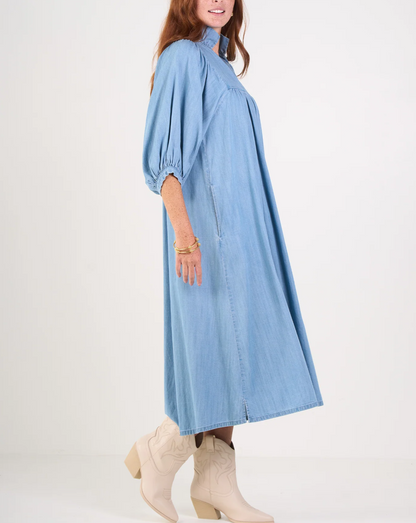 Ruffled Stand Collar Puff Sleeve Dress