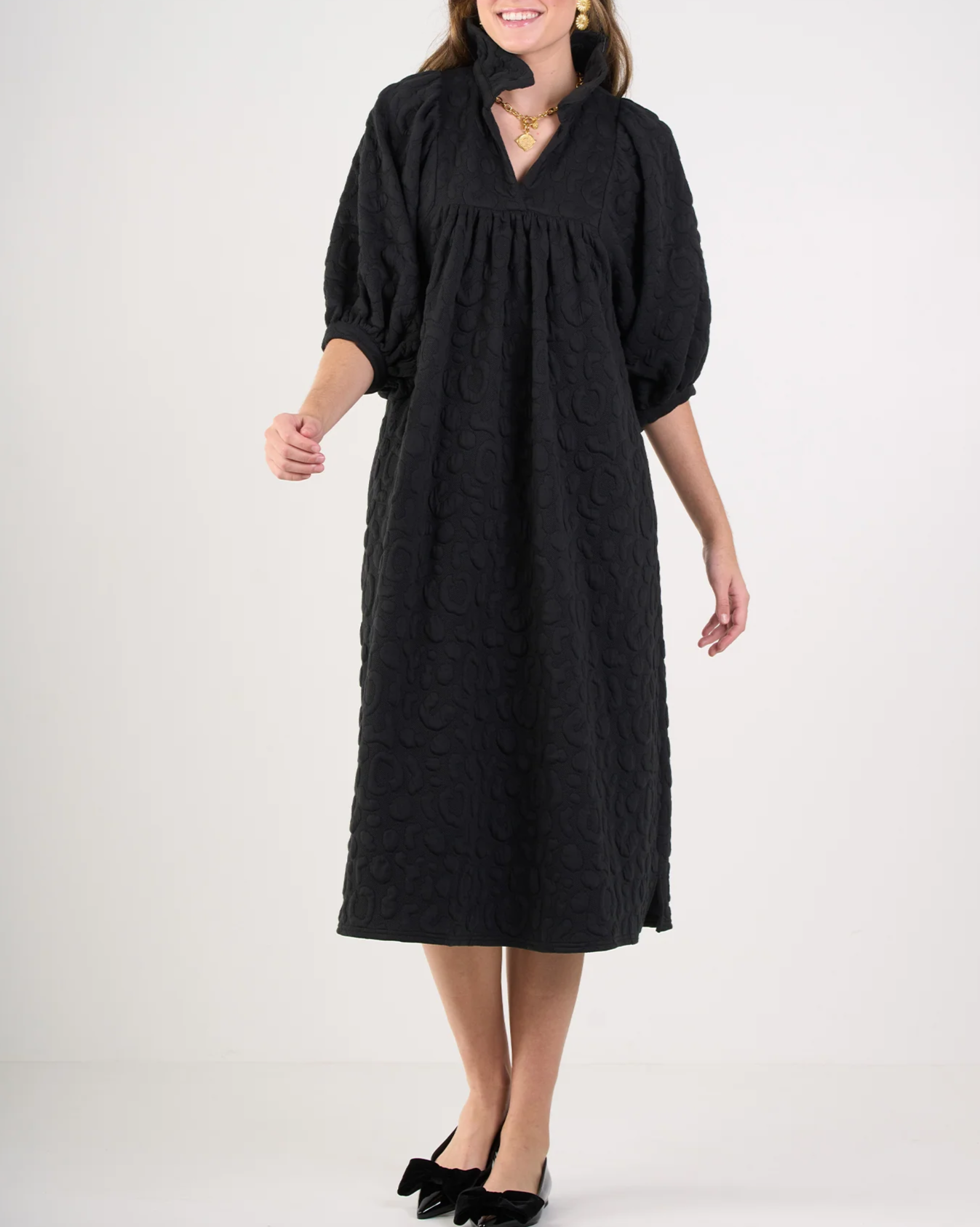 Ruffled Stand Collar Puff Sleeve Dress