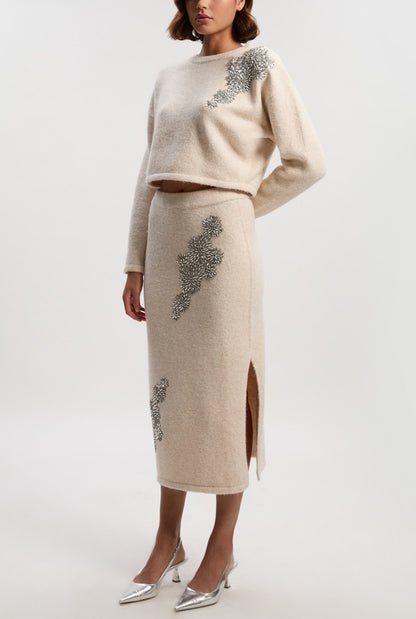 Wool-trimmed beaded floral skirt set