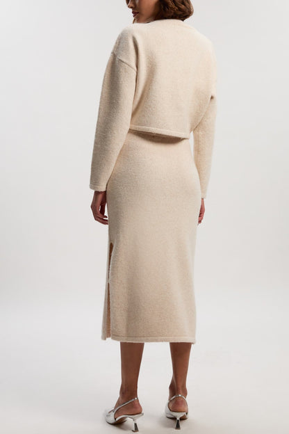 Wool-trimmed beaded floral skirt set