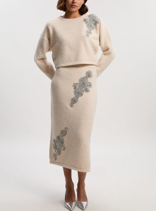 Wool-trimmed beaded floral skirt set