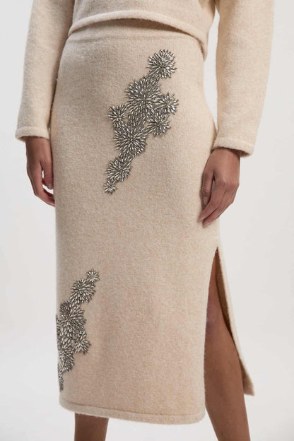 Wool-trimmed beaded floral skirt set