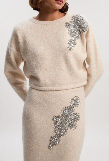 Wool-trimmed beaded floral skirt set