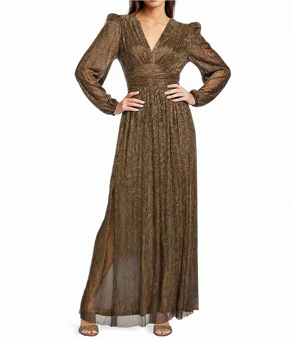 Pleated V-neck loose-fitting long-sleeved A-Line Dress