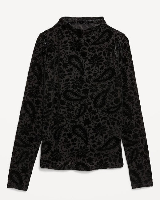 Mock-Neck Long-Sleeve Velvet Top