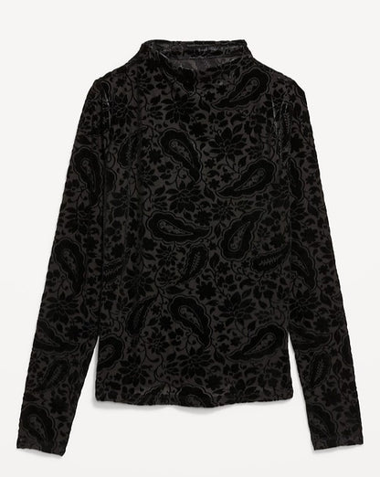 Mock-Neck Long-Sleeve Velvet Top
