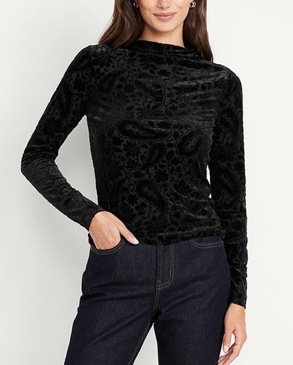 Mock-Neck Long-Sleeve Velvet Top