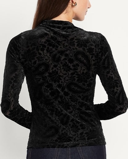 Mock-Neck Long-Sleeve Velvet Top