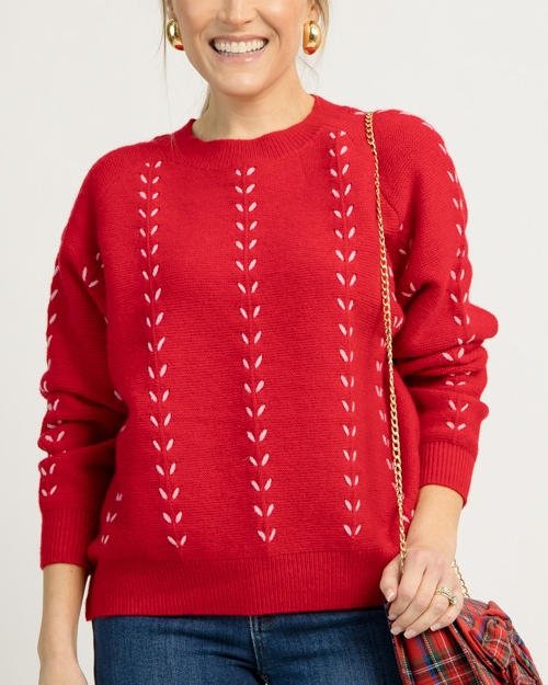 In Stitches Sweater, Red Pink