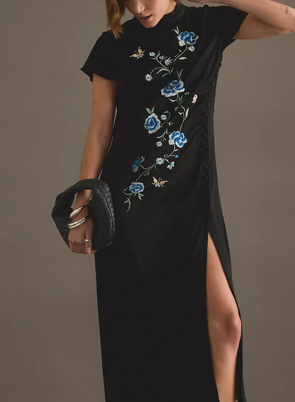 Satin Embroidered Midi Dress