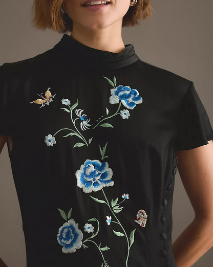 Satin Embroidered Midi Dress