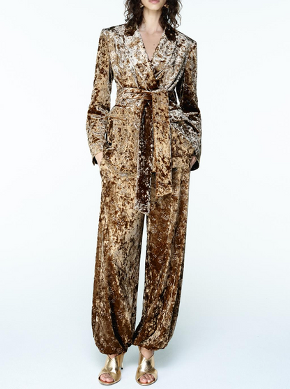 Metallic-thread velvet blazer with belt