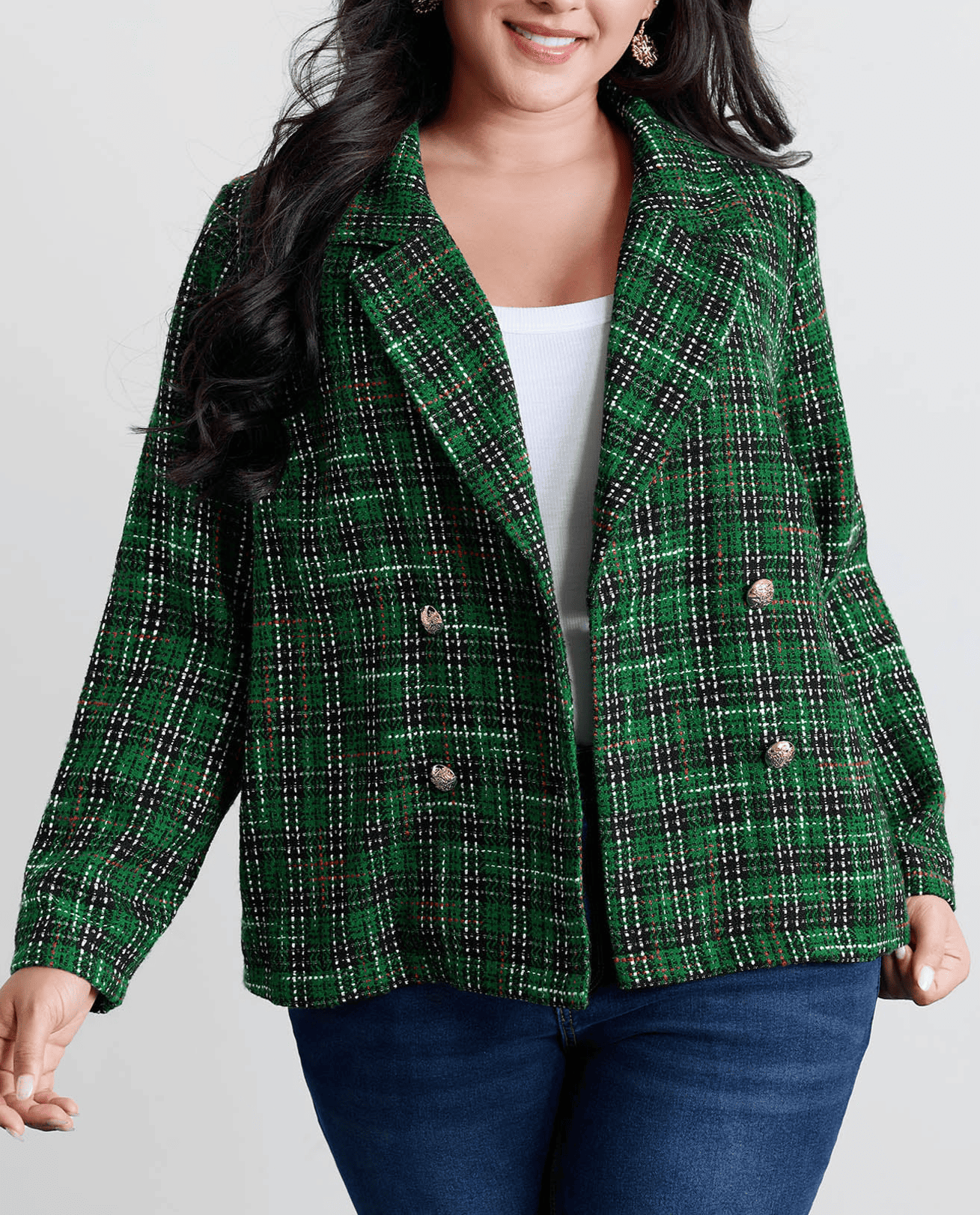 Tweed Plaid Double Button Jacket