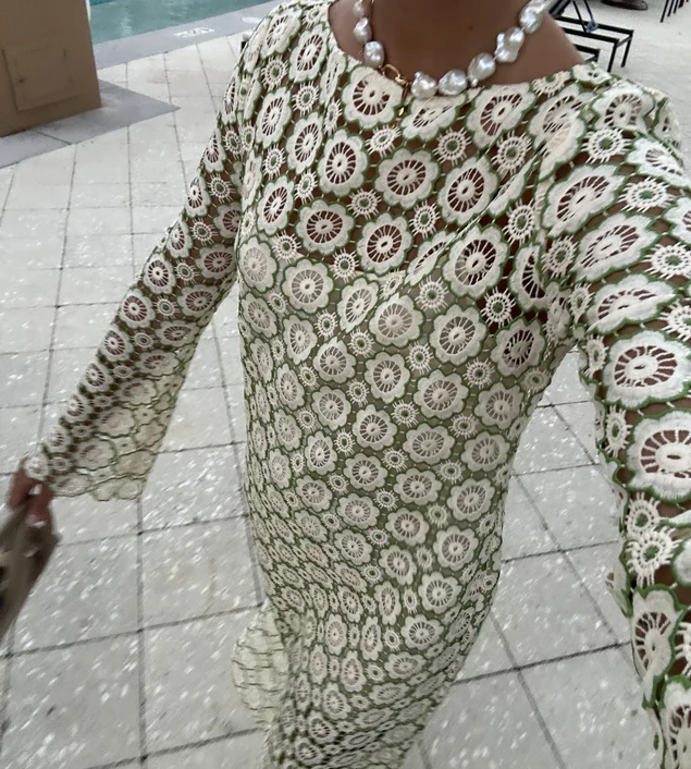 Embroidered Knit Lace-Up Dress