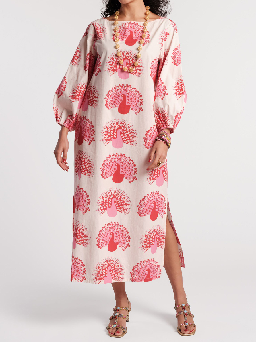 Printed Puff Sleeves Loose-fitting Maxi Dress