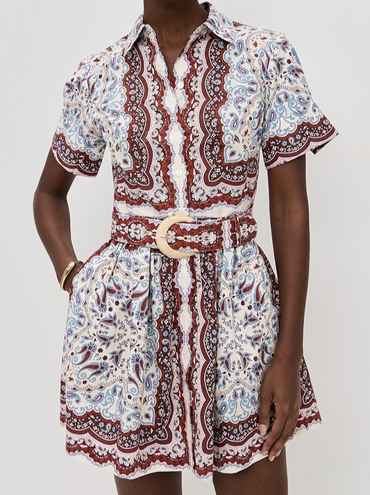 Stand-collar printed dress with belt