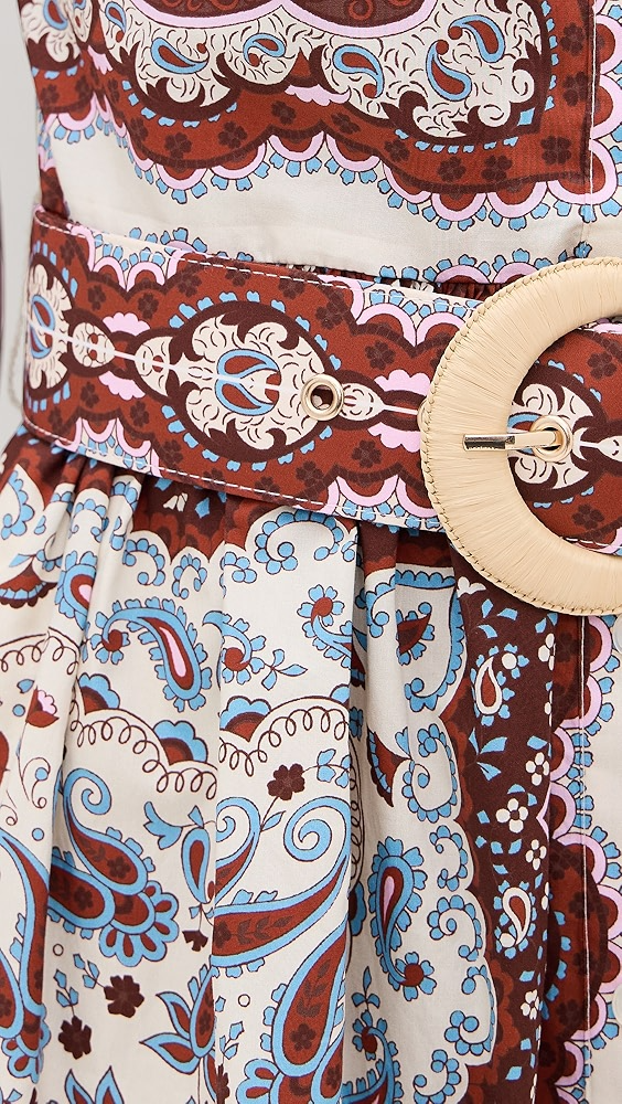 Stand-collar printed dress with belt