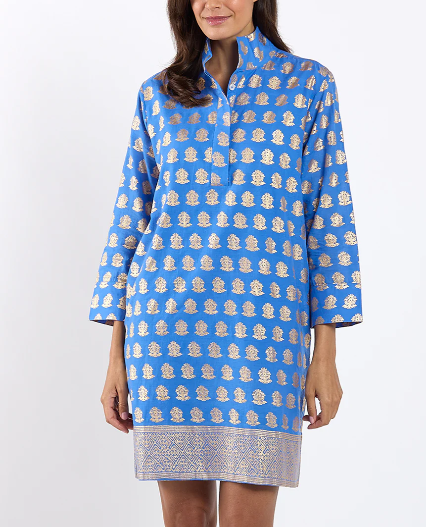 Stand-collar printed mini dress