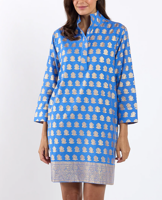 Stand-collar printed mini dress