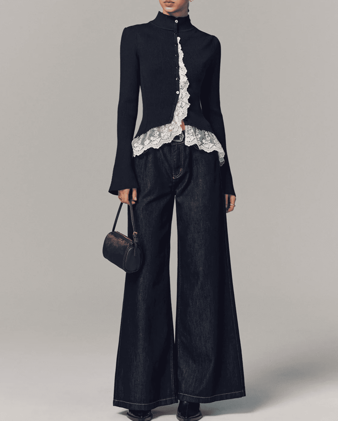 Ribbed Mock Neck Lace Trim Cardigan