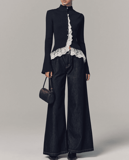 Ribbed Mock Neck Lace Trim Cardigan