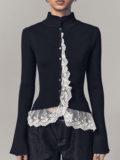 Ribbed Mock Neck Lace Trim Cardigan
