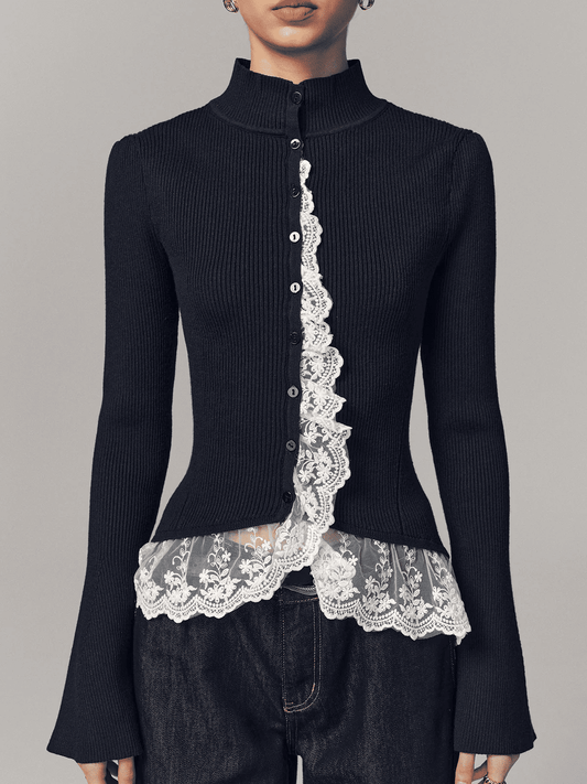 Ribbed Mock Neck Lace Trim Cardigan