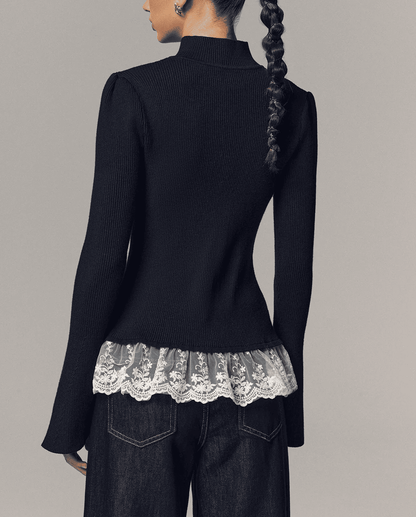 Ribbed Mock Neck Lace Trim Cardigan