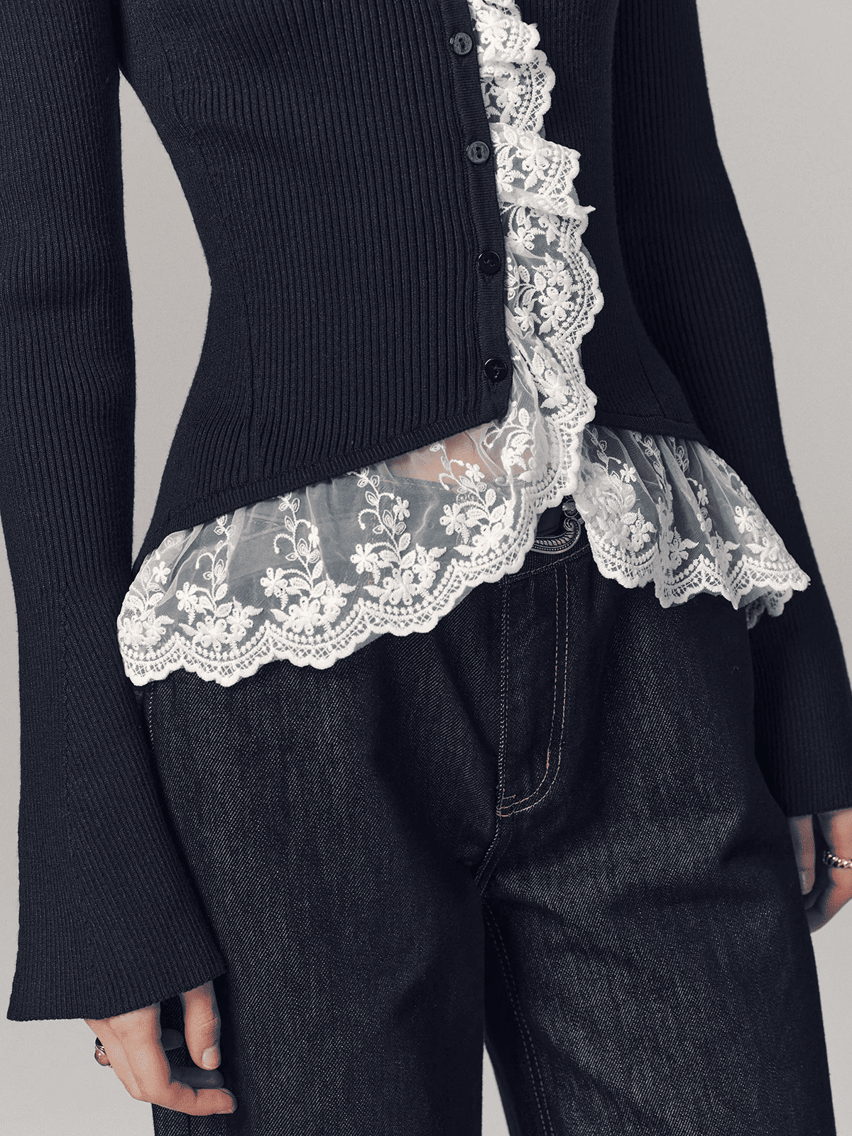 Ribbed Mock Neck Lace Trim Cardigan