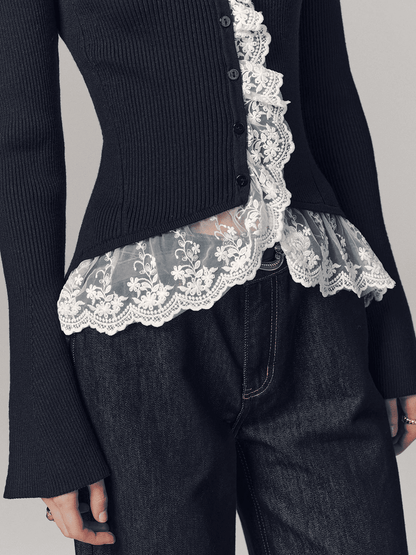 Ribbed Mock Neck Lace Trim Cardigan