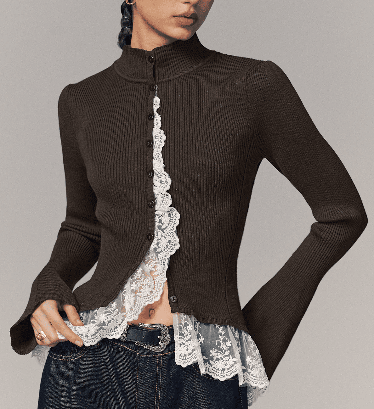 Ribbed Mock Neck Lace Trim Cardigan