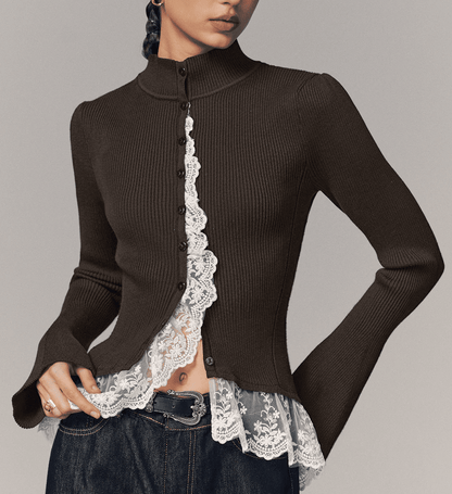 Ribbed Mock Neck Lace Trim Cardigan