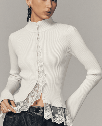 Ribbed Mock Neck Lace Trim Cardigan