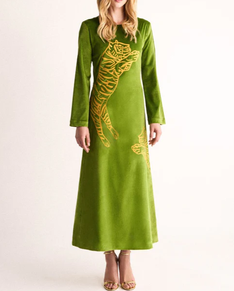 Printed Velvet Long-Sleeve Dress