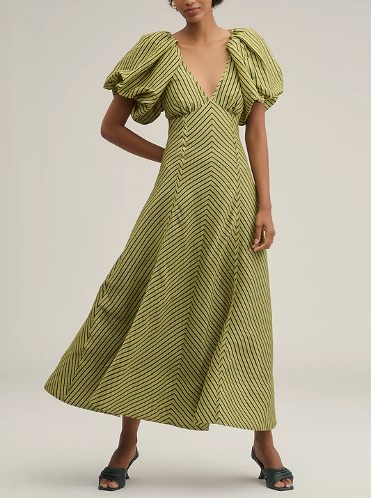 Puff-sleeve striped dress