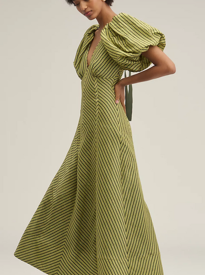 Puff-sleeve striped dress
