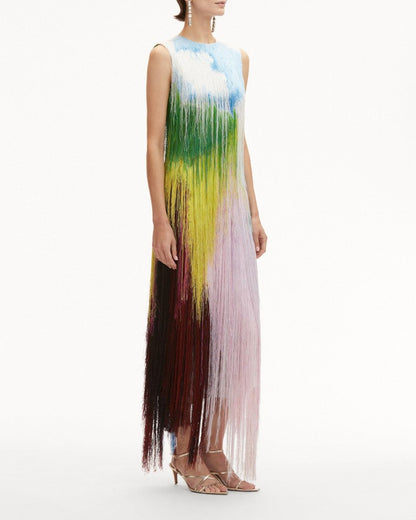 Abstract Watercolor Fringe Cocktail Dress