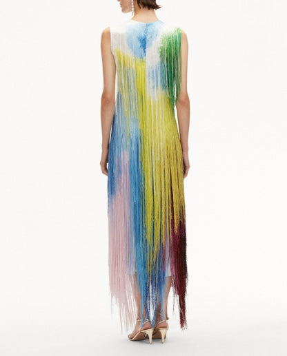 Abstract Watercolor Fringe Cocktail Dress