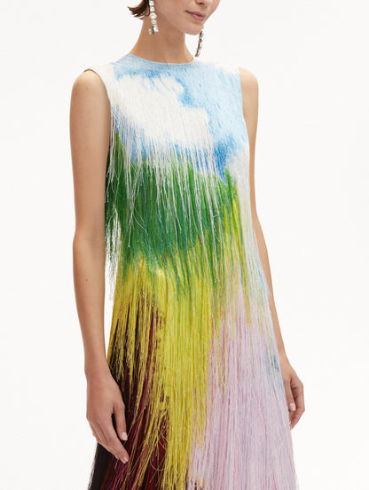 Abstract Watercolor Fringe Cocktail Dress