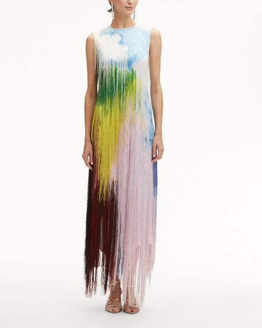 Abstract Watercolor Fringe Cocktail Dress