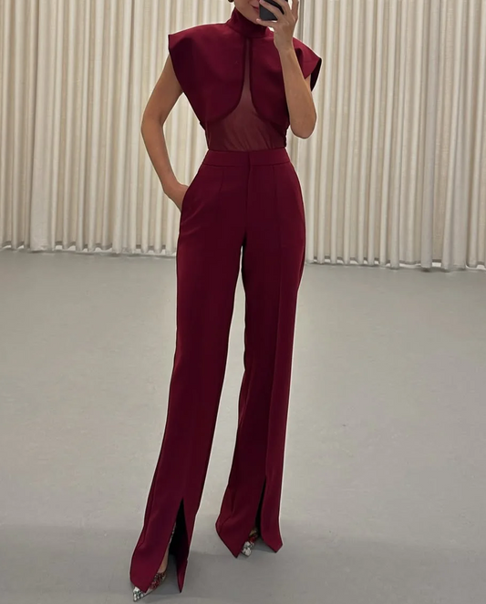 Sleeveless lace top + tailored trousers